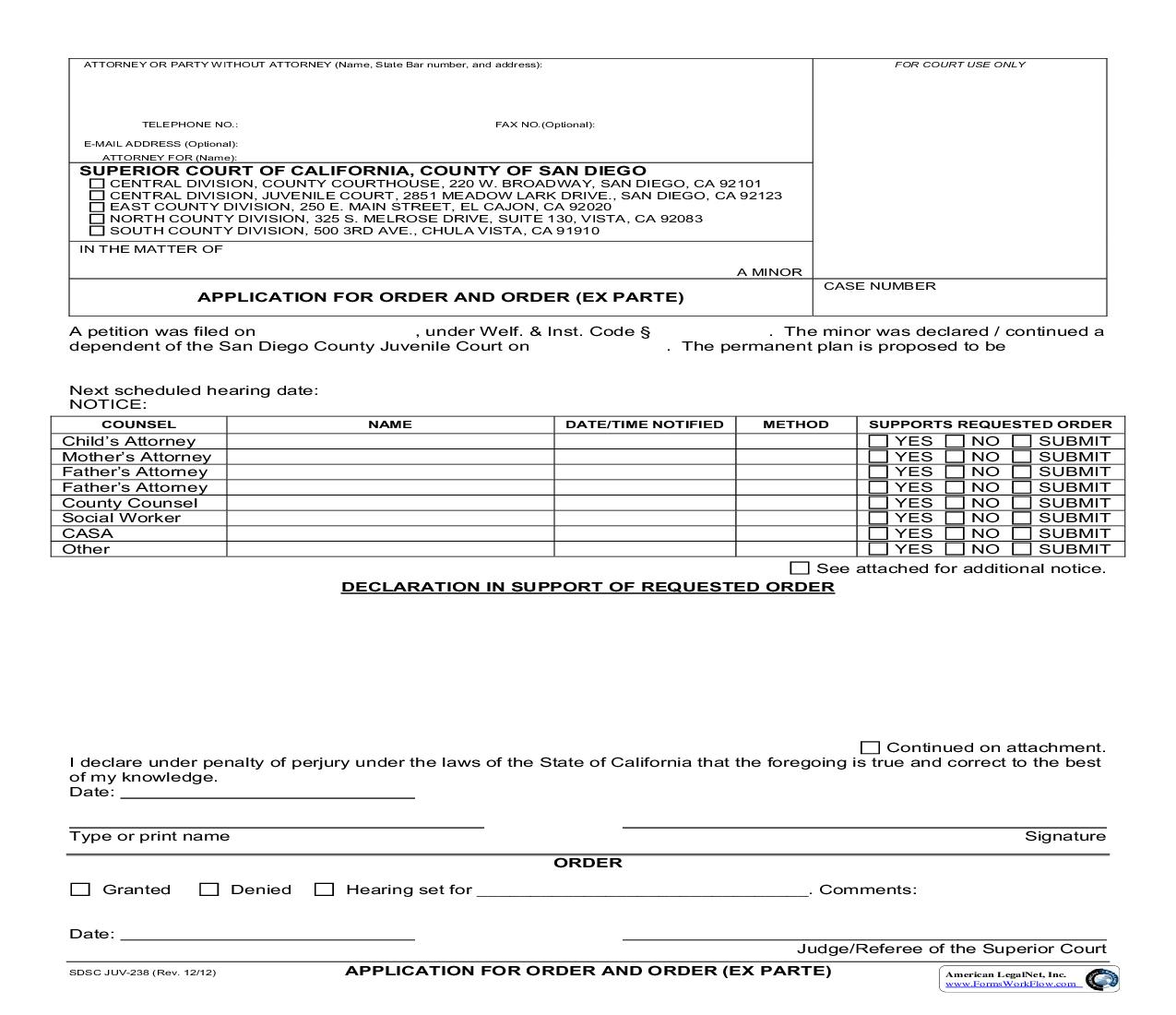Application For Order And Order (Ex Parte) {JUV-238} | Pdf Fpdf Docx | California