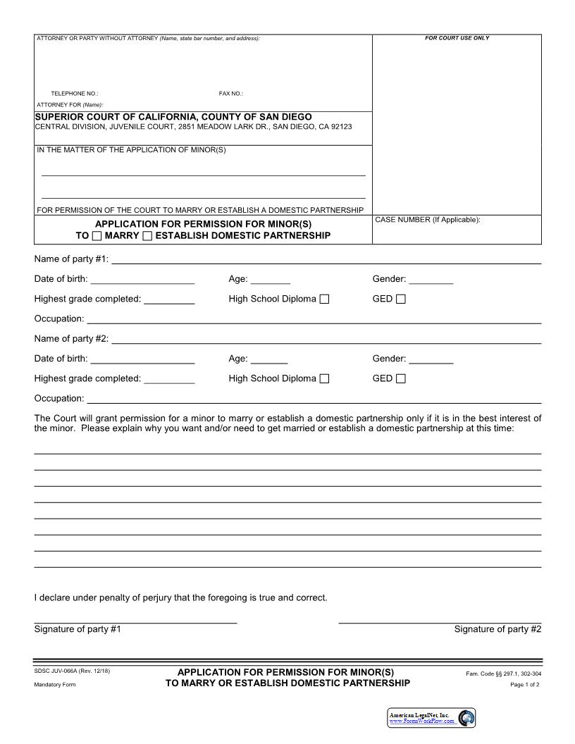 Application For Permission For Minor(s) To Marry {JUV-66A JUV-66B} | Pdf Fpdf Docx | California