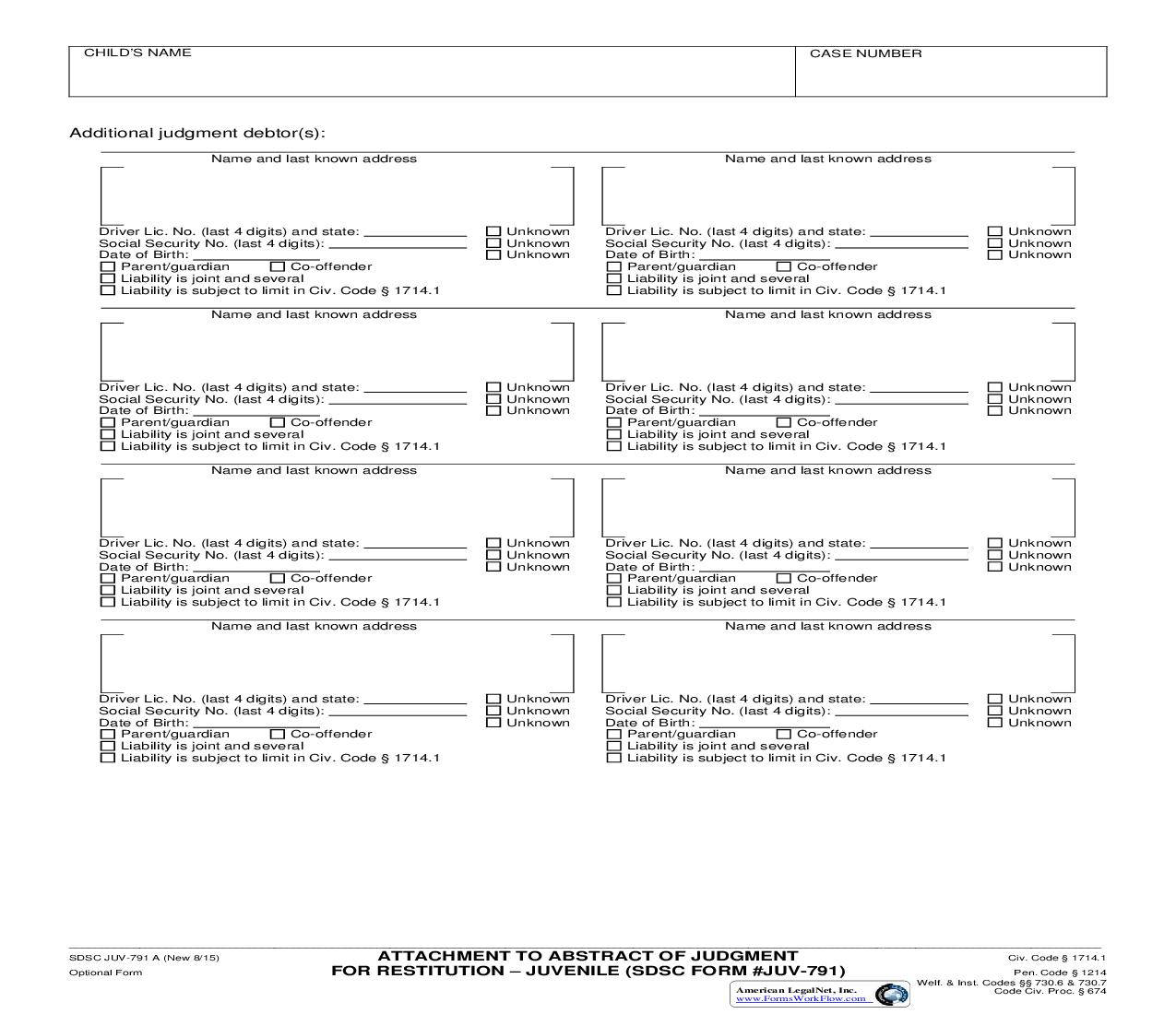 Attachment To Abstract Of Judgment For Restitution-Juvenile (SDSC Form JUV-791) { JUV-791A} | Pdf Fpdf Doc Docx | California
