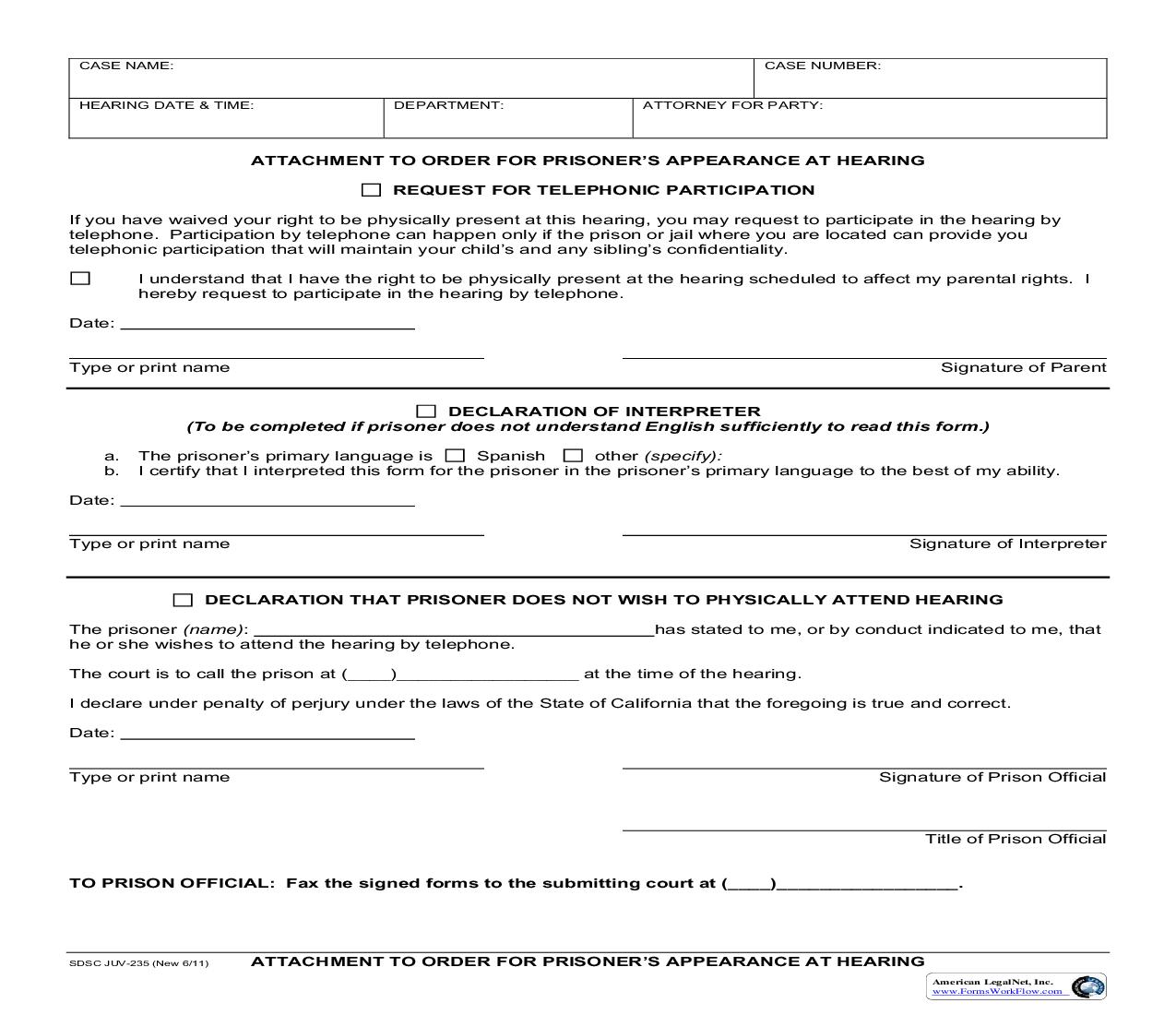 Attachment To Order For Prisoners Appearance At Hearing {JUV-235} | Pdf Fpdf Doc Docx | California