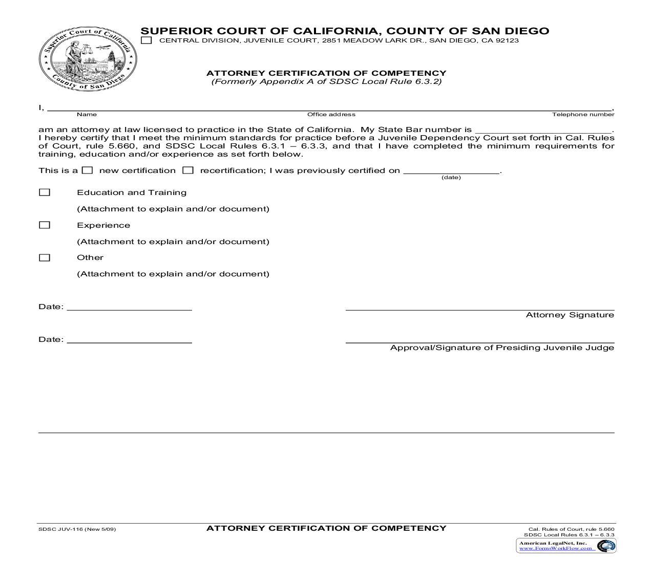 Attorney Certification Of Competency {JUV-116} | Pdf Fpdf Doc Docx | California