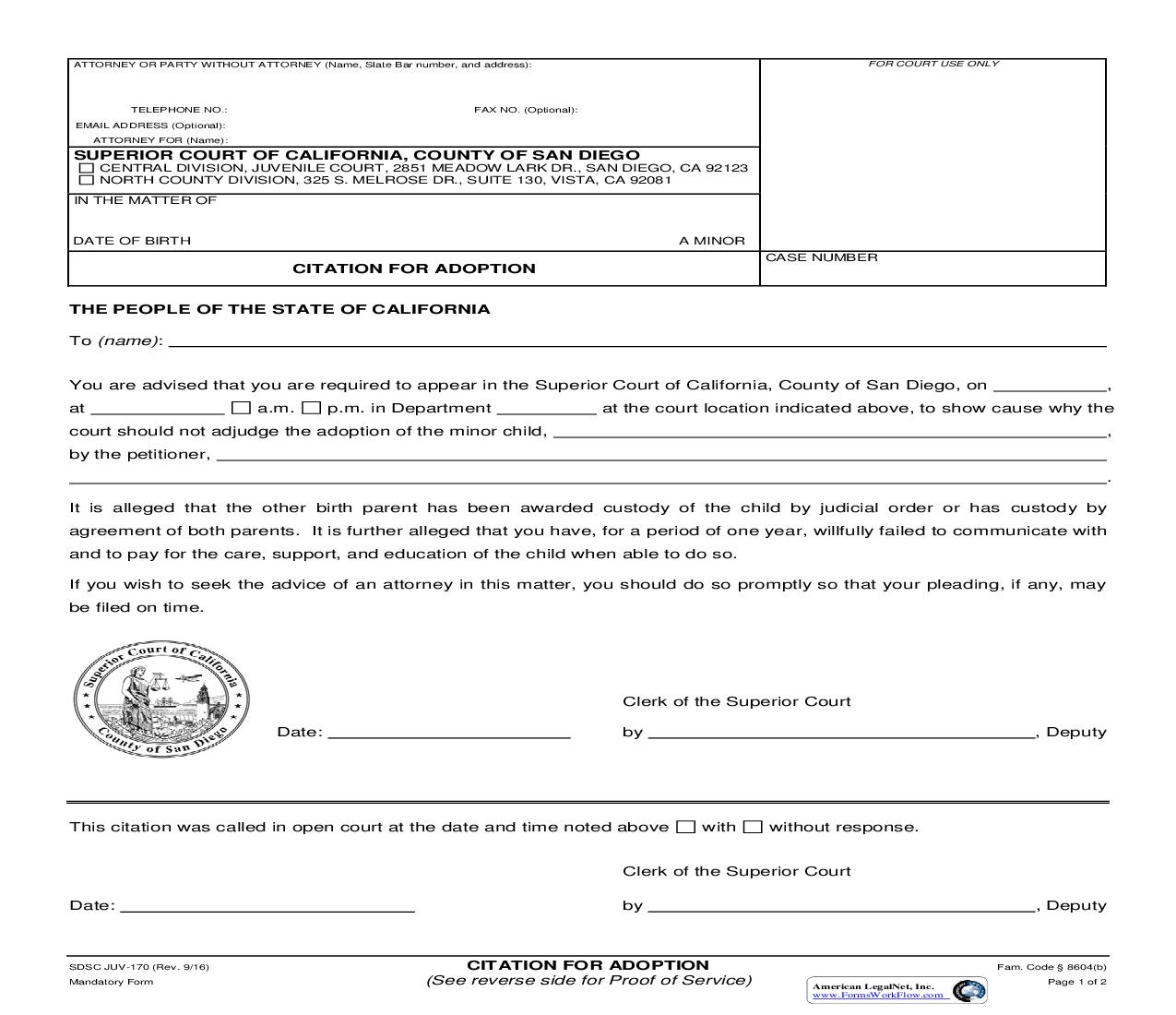 Citation For Adoption {JUV-170} | Pdf Fpdf Doc Docx | California