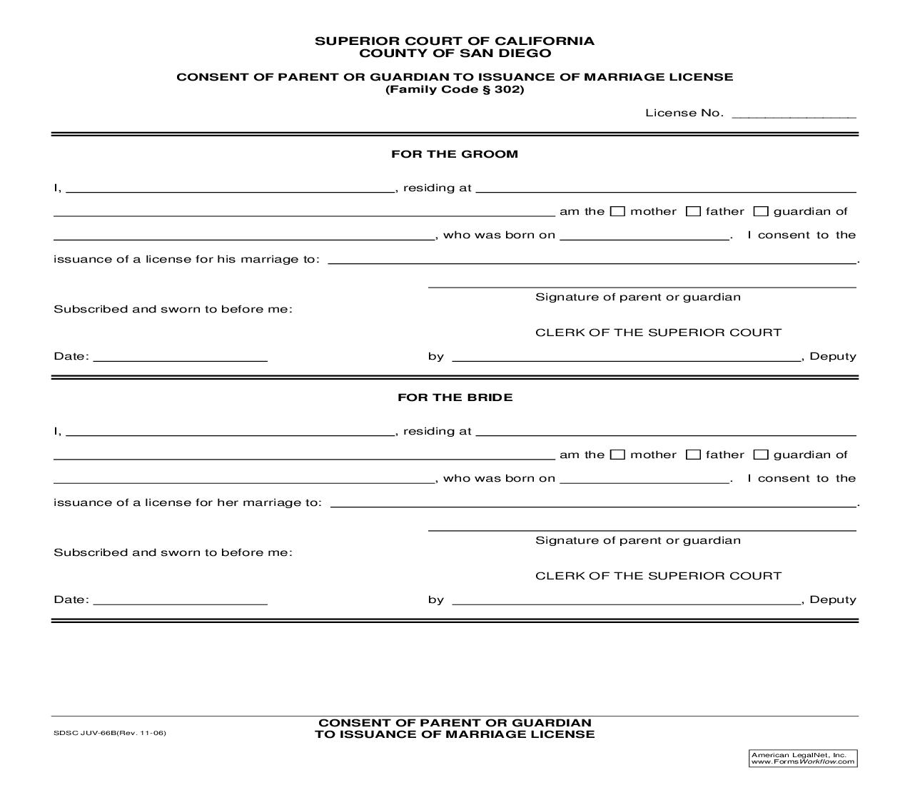 Consent Of Parent Or Guardian To Issuance Of Marriage License {JUV-66B} |  | California