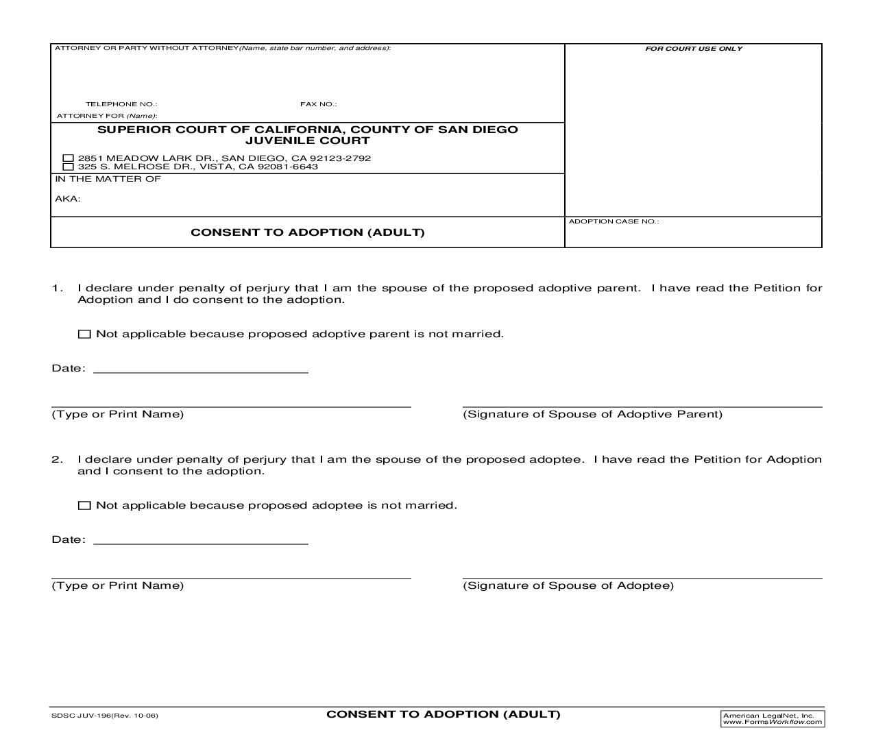 Consent To Adoption (Adult) {JUV-196} | Pdf Fpdf Doc Docx | California