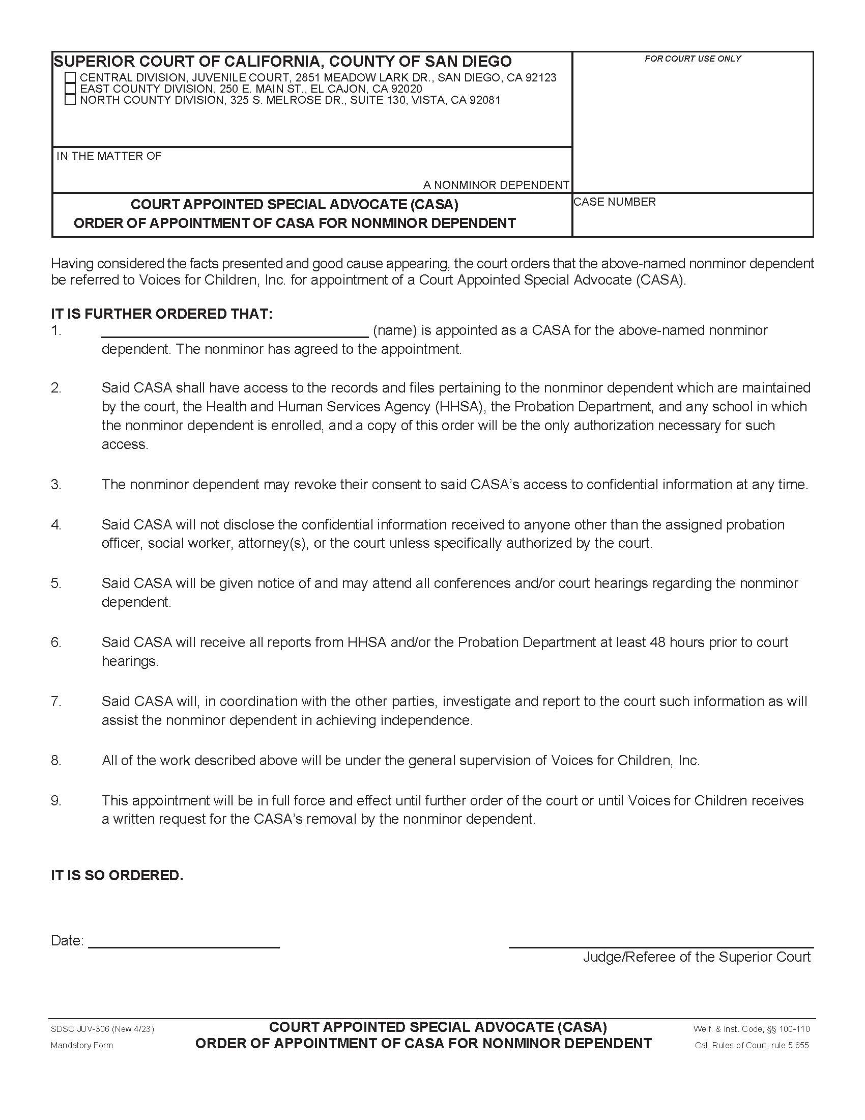 Court Appointed Special Advocate (CASA) Order Of Appointment Of CASA {JUV-306} | Pdf Fpdf Docx | California