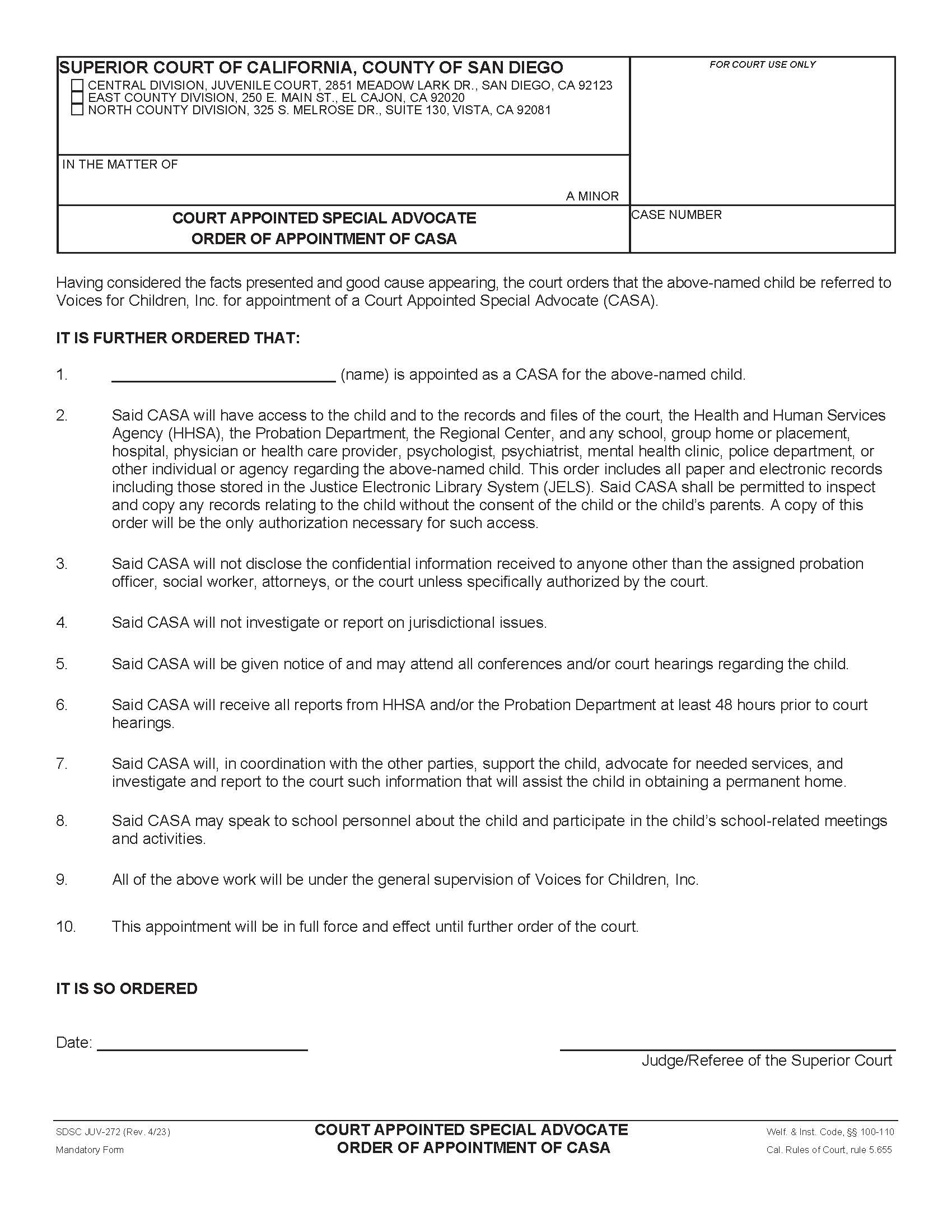 Court Appointed Special Advocate (Order Of Appointment Of CASA) {JUV-272} | Pdf Fpdf Docx | California