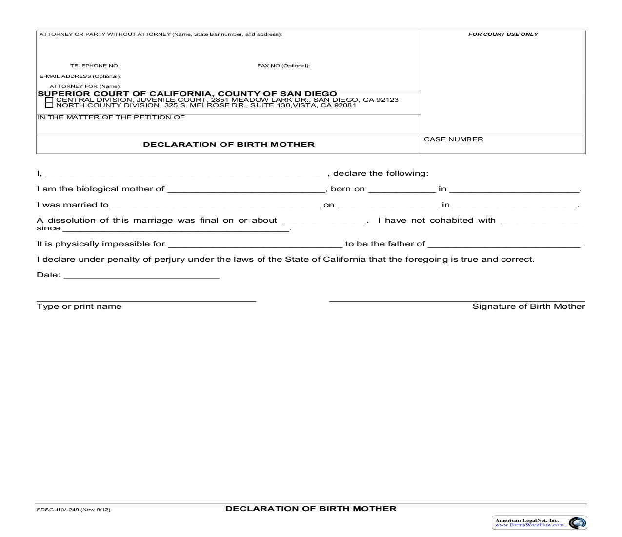 Declaration Of Birth Mother {JUV-249} | Pdf Fpdf Doc Docx | California
