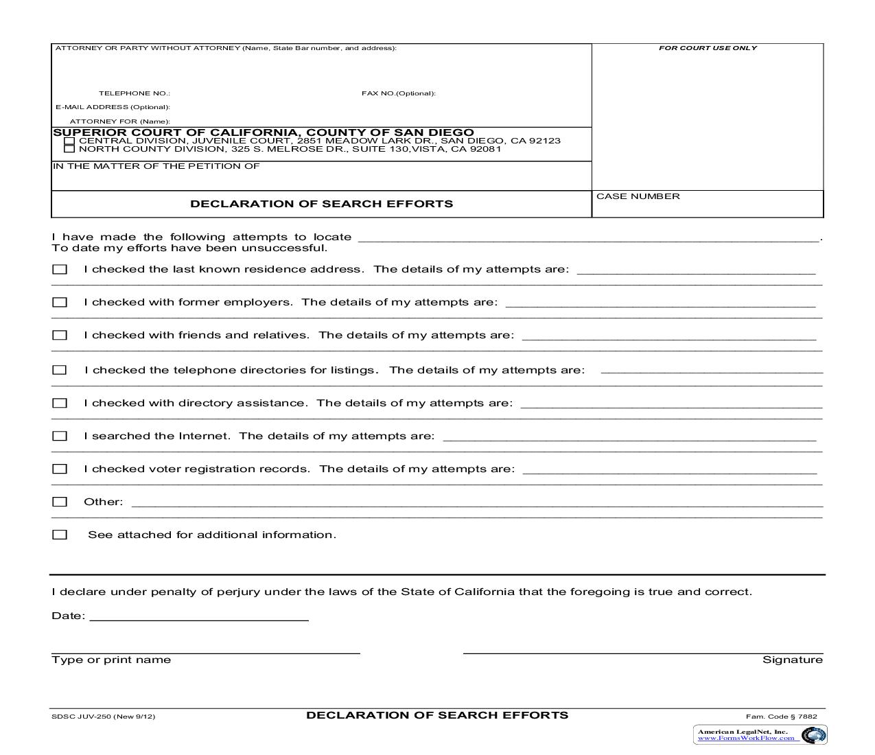 Declaration Of Search Efforts {JUV-250} | Pdf Fpdf Doc Docx | California