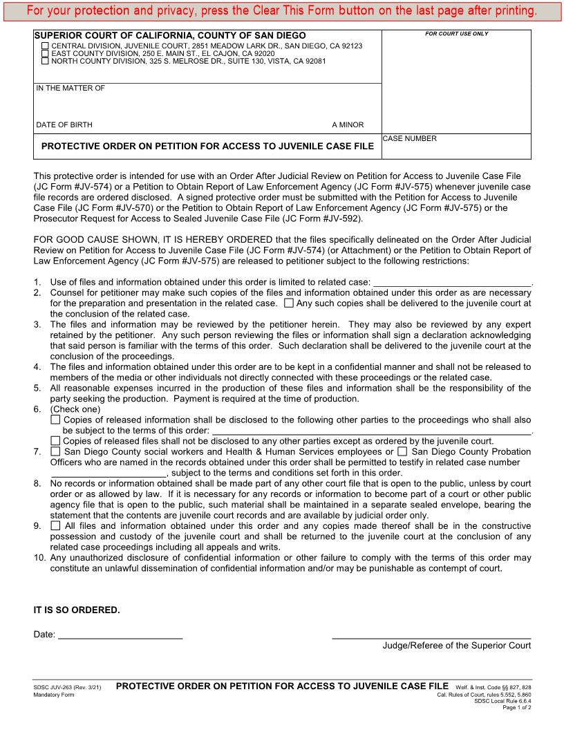 Disclosure Of Juvenile Court Records-Protective Order {JUV-263} | Pdf Fpdf Docx | California