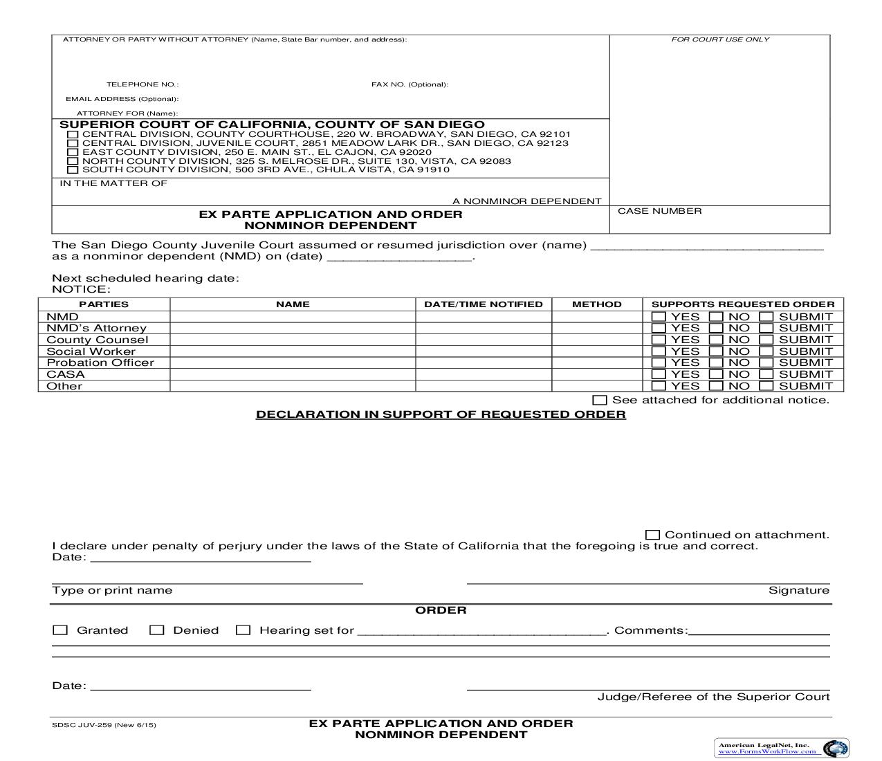 Ex Parte Application And Order Nonminor Department {JUV-259} | Pdf Fpdf Docx | California