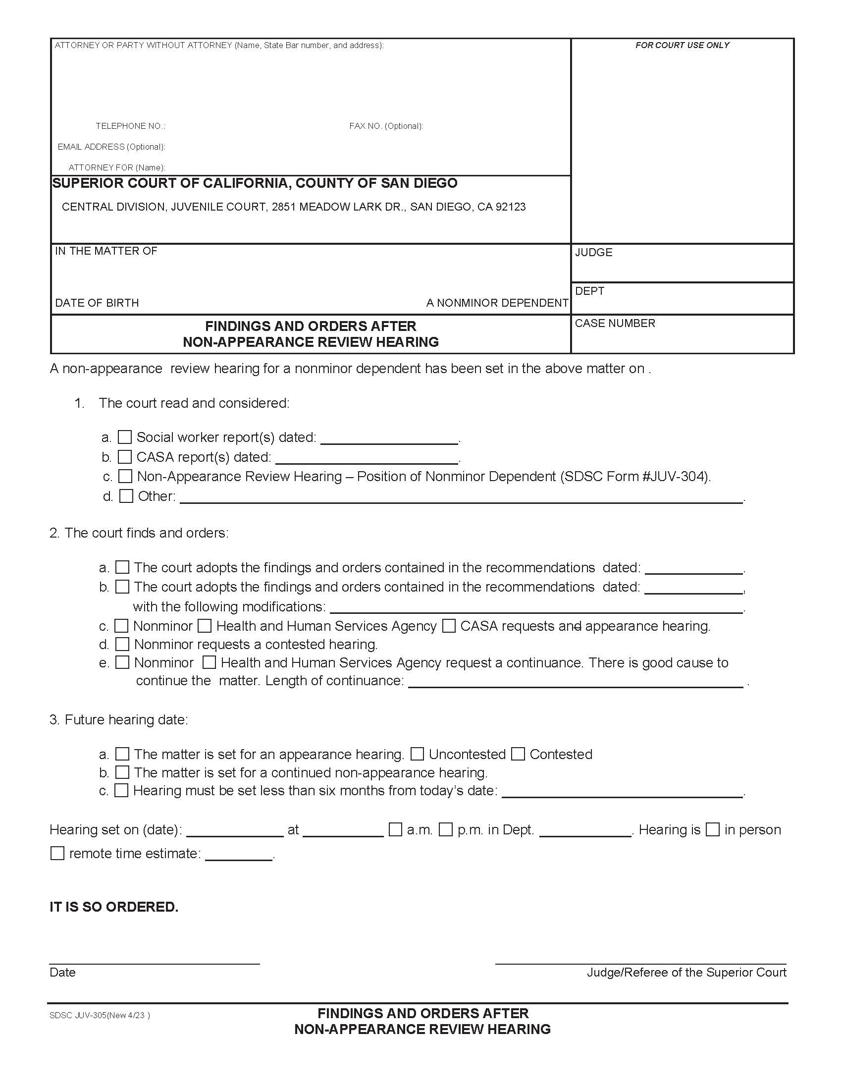 Findings And Orders After Non-Appearance Review Hearing {JUV-305} | Pdf Fpdf Docx | California