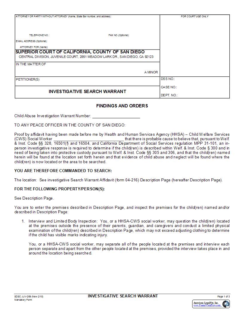 Investigate Search Warrant {JUV-269} | Pdf Fpdf Docx | California