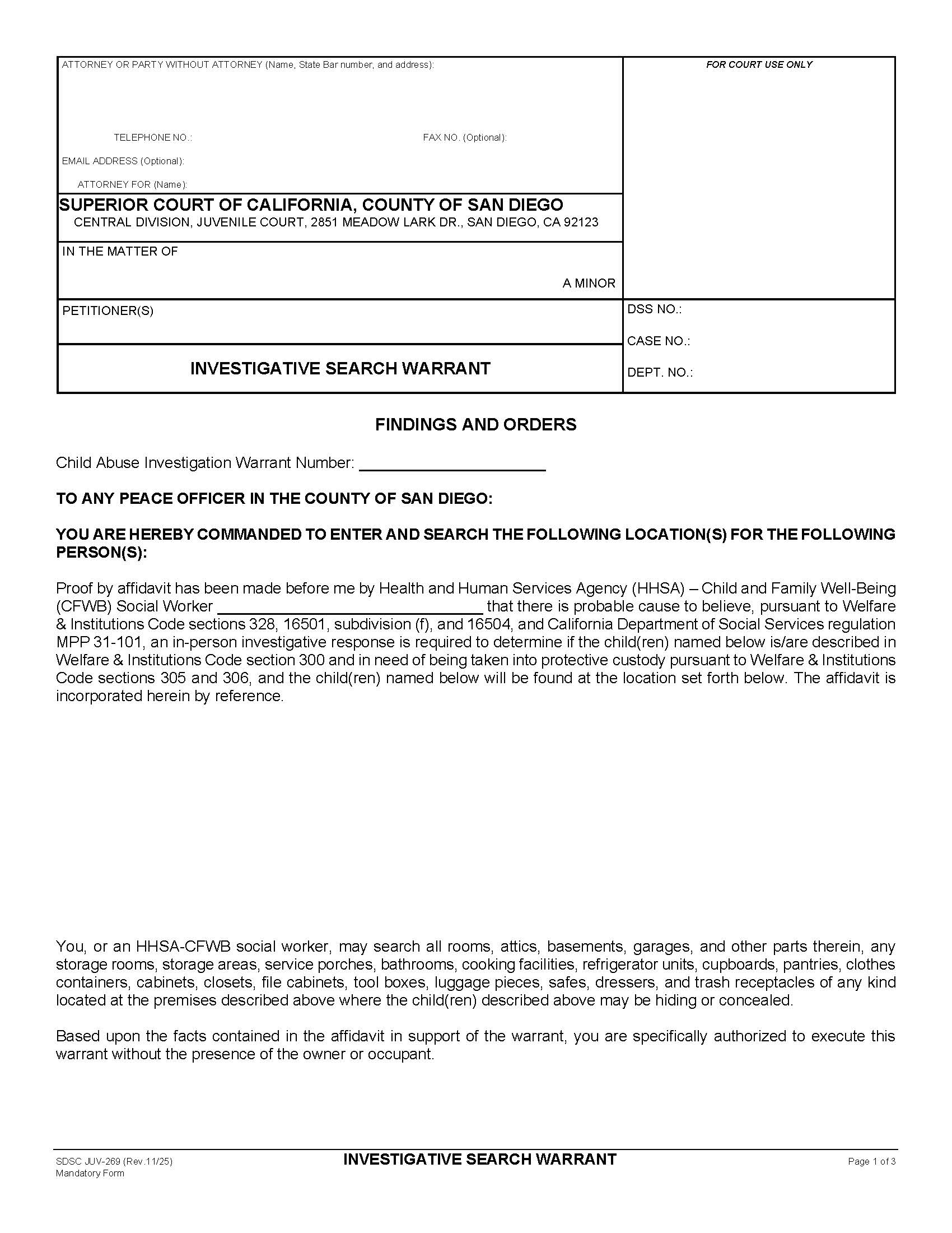 Investigate Search Warrant {JUV-269} | Pdf Fpdf Docx | California