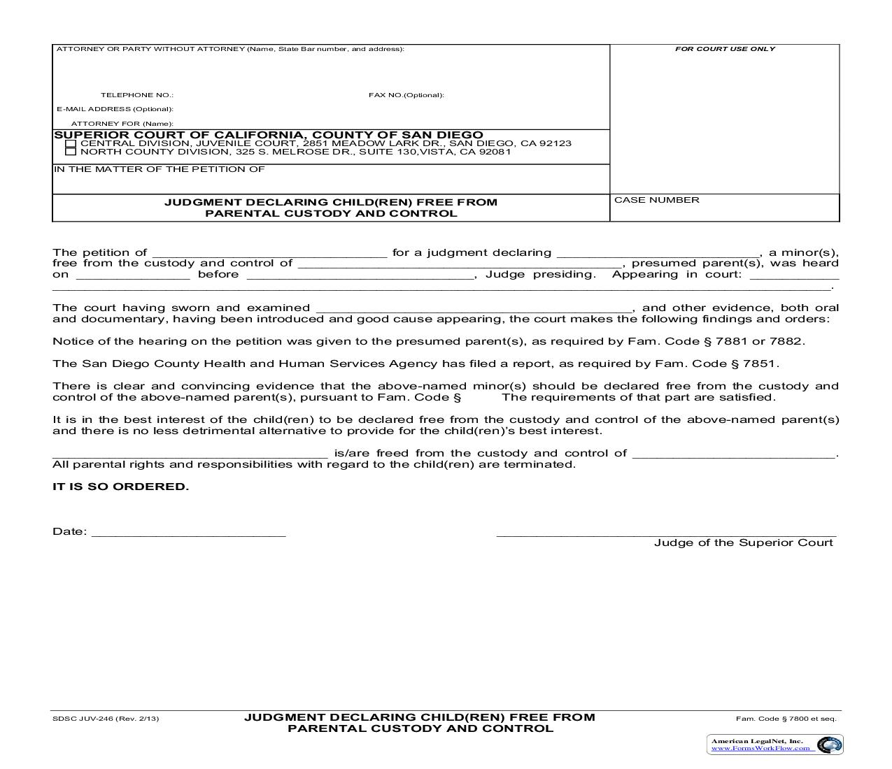 Judgment Declaring Child Free From Parental Custody And Control {JUV-246} | Pdf Fpdf Doc Docx | California
