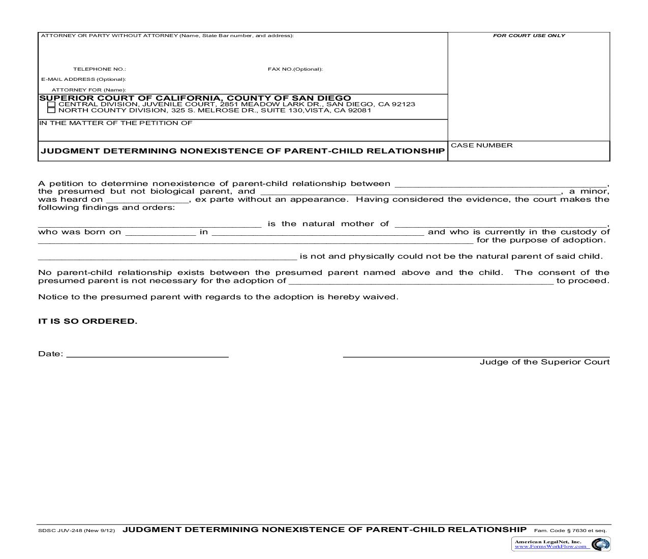 Judgment Determining Nonexistence Of Parent-Child Relationship {JUV-248} | Pdf Fpdf Doc Docx | California