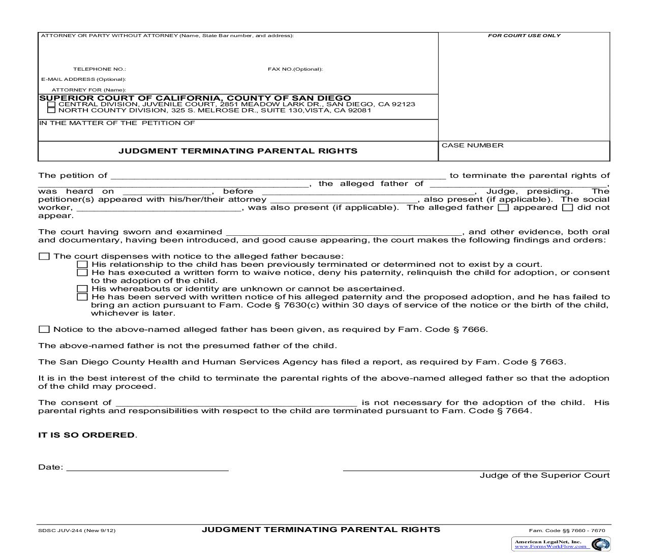 Judgment Terminating Parental Rights {JUV-244} | Pdf Fpdf Doc Docx | California