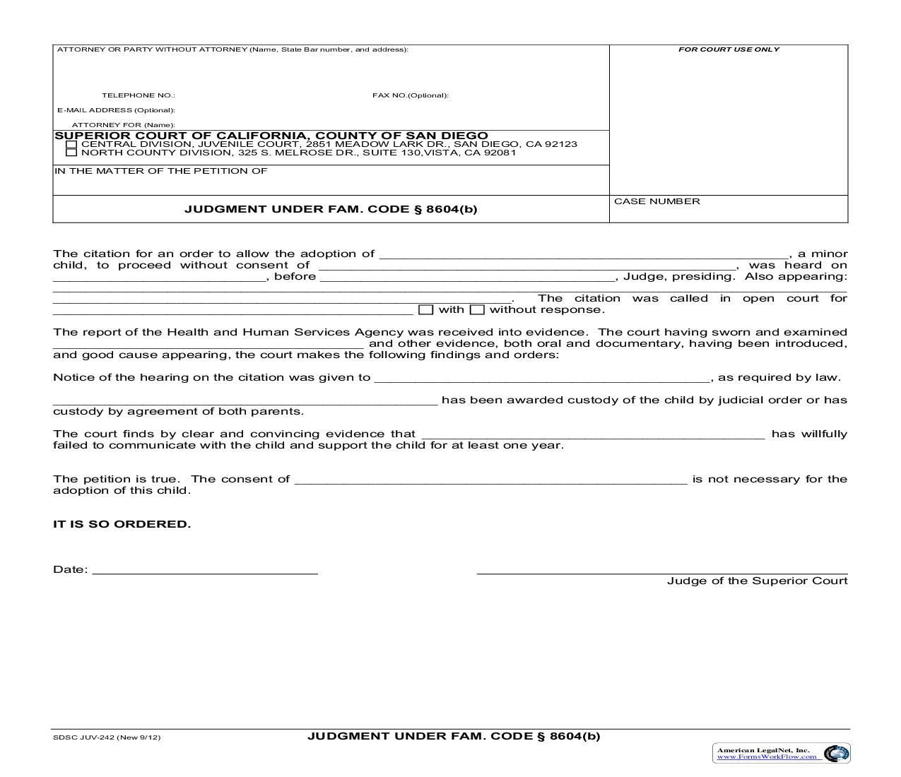 Judgment Under Fam. Code 8604(b) {JUV-242} | Pdf Fpdf Doc Docx | California