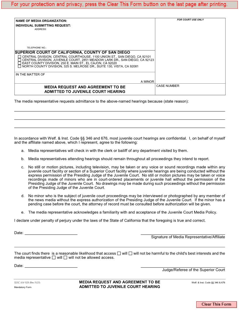 Media Request And Agreement To Be Admitted To Juvenile Court Hearing {JUV-029} | Pdf Fpdf Docx | California