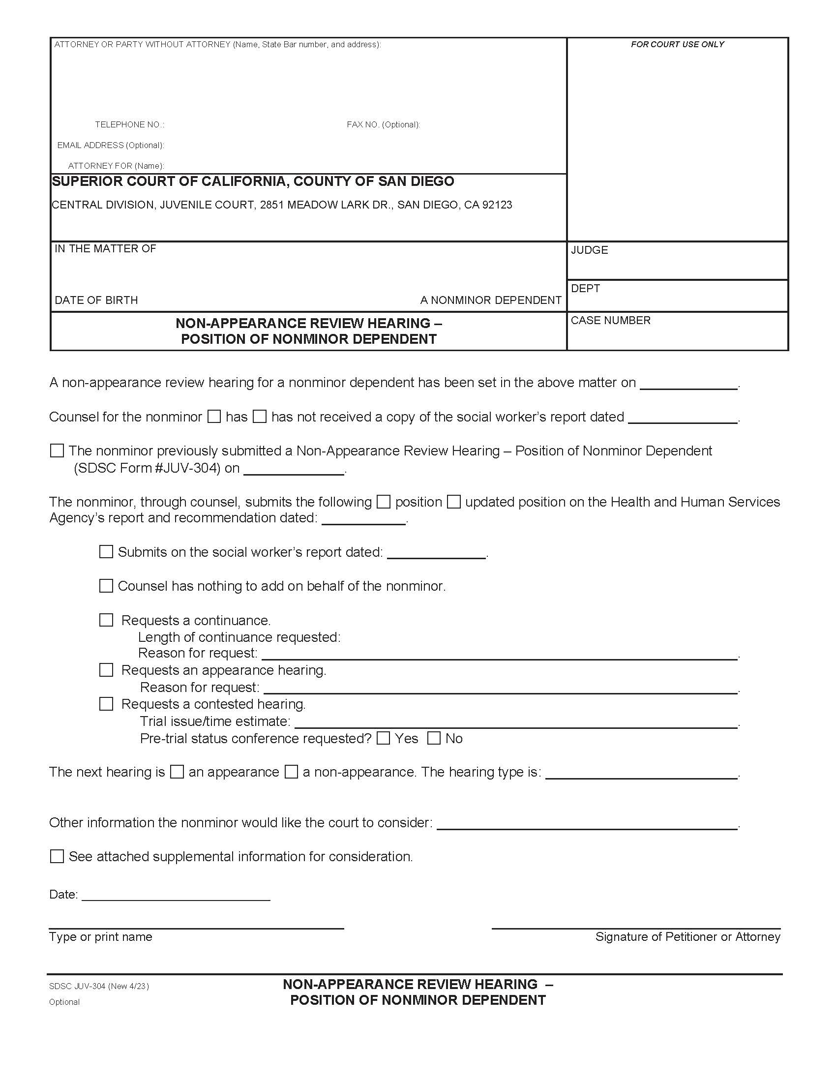 Non Appearance Review Hearing-Position Of Nominor Dependent {JUV-304} | Pdf Fpdf Docx | California