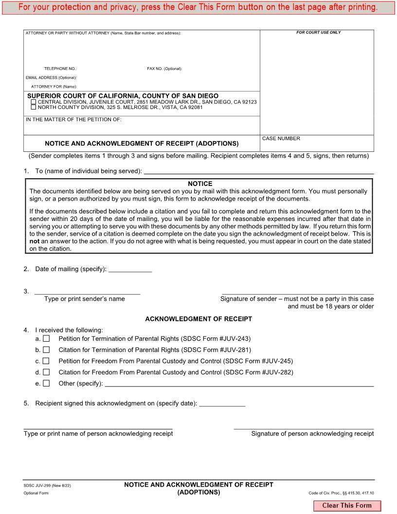Notice And Acknowledgment Of Receipt (Adoptions) {JUV-299} | Pdf Fpdf Docx | California