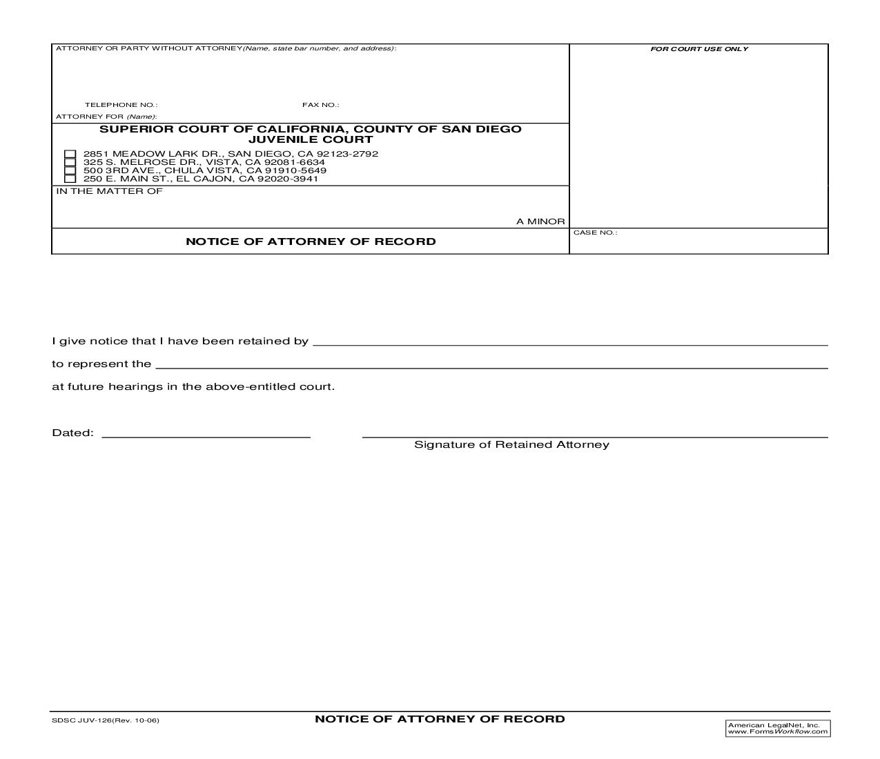 Notice Of Attorney Of Record {JUV-126} | Pdf Fpdf Doc Docx | California