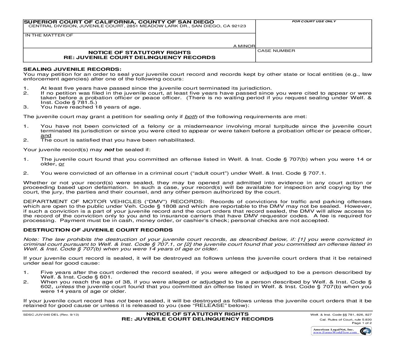Notice Of Statutory Rights Re Juvenile Court Delinquency Records {JUV-040 DEL} | Pdf Fpdf Doc Docx | California