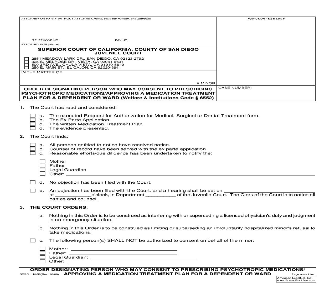 Order Designating Person Who May Consent To Prescribing Psychotropic Medications {JUV-58} | Pdf Fpdf Doc Docx | California