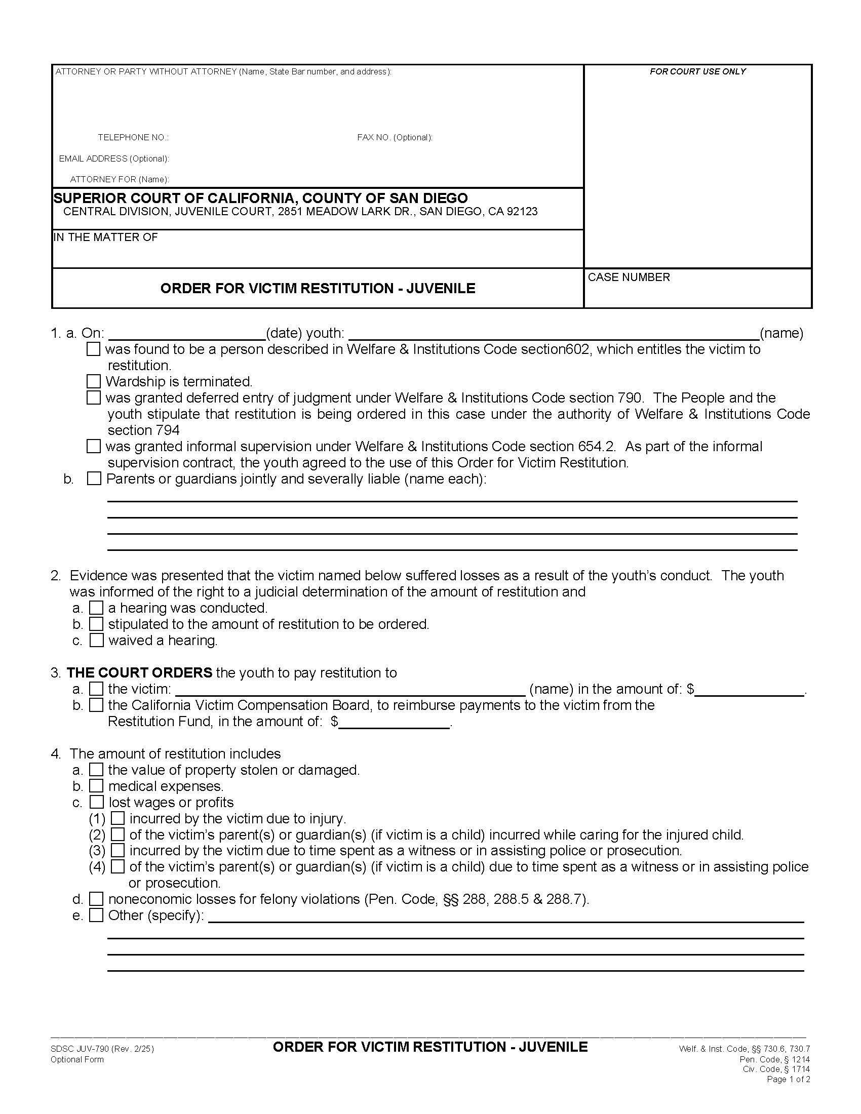 Order For Victim Restitution-Juvenile {JUV-790} | Pdf Fpdf Doc Docx | California