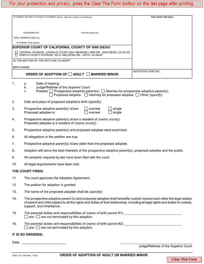 Order Of Adoption Of Adult Or Married Minor {JUV-194} | Pdf Fpdf Doc Docx | California
