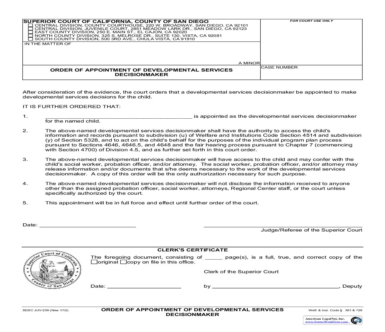 Order Of Appointment Of Developmental Services Decisionmaker {JUV-239} | Pdf Fpdf Docx | California