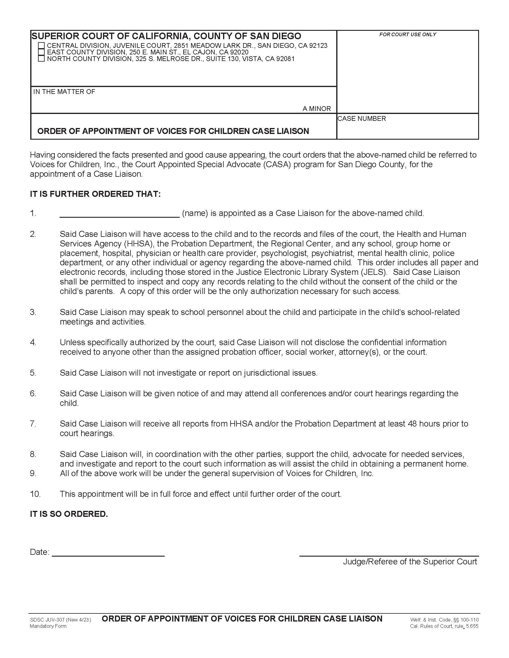 Order Of Appointment Of Voices For Children Case Liaison {JUV-307} | Pdf Fpdf Docx | California