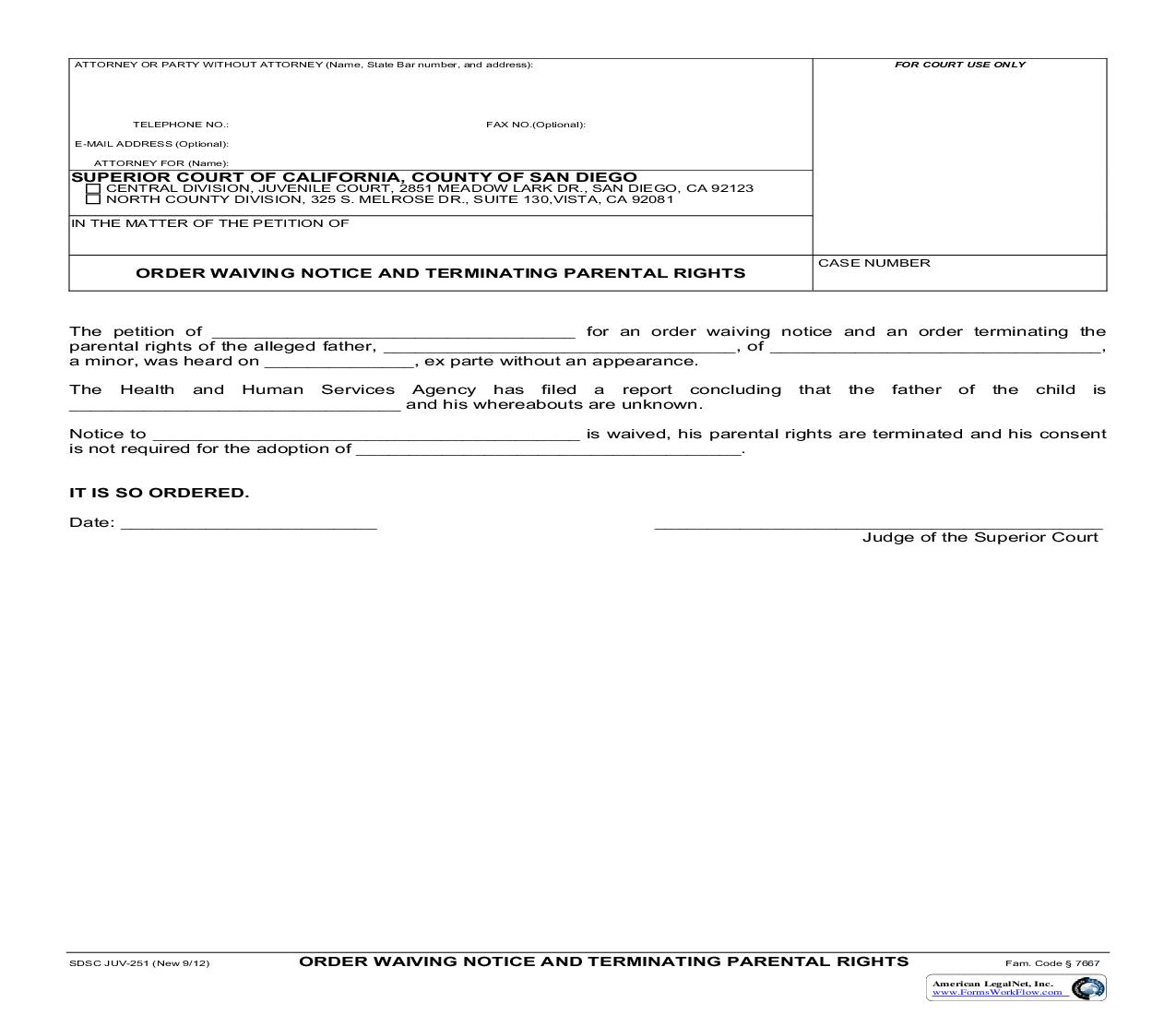 Order Waiving Notice And Terminating Parental Rights {JUV-251} | Pdf Fpdf Doc Docx | California