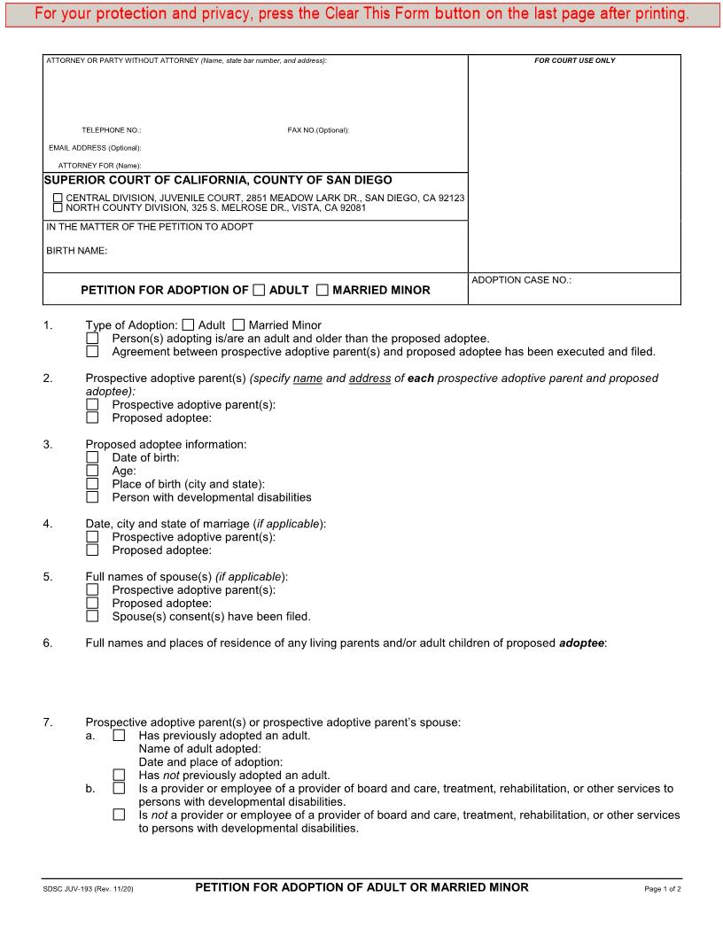Petition For Adoption Of Adult Or Married Minor {JUV-193} | Pdf Fpdf Doc Docx | California