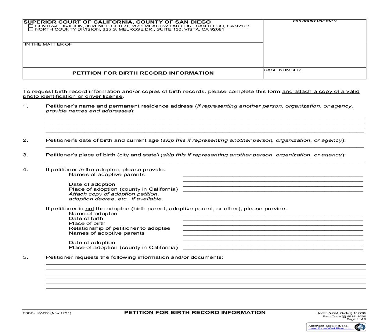 Petition For Birth Record Information {JUV-236} | Pdf Fpdf Doc Docx | California