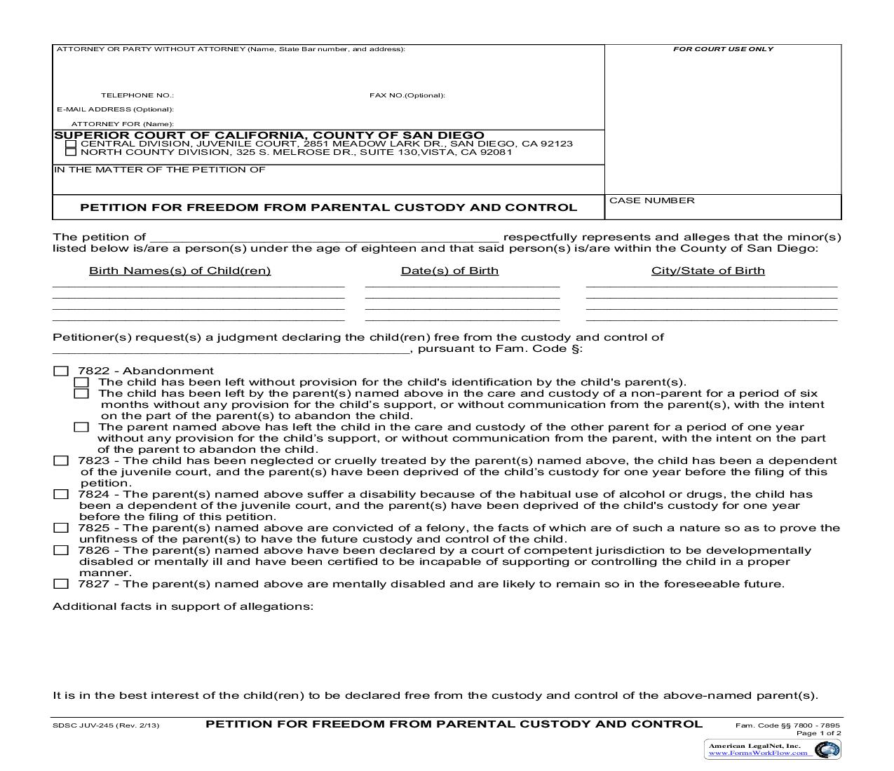 Petition For Freedom From Parental Custody And Control {JUV-245} | Pdf Fpdf Doc Docx | California