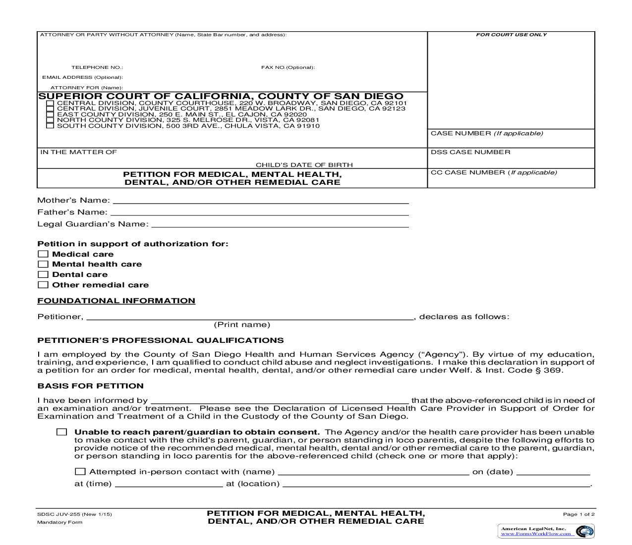 Petition For Medical Mental Health Dental And-Or Other Remedial Care {JUV-255} | Pdf Fpdf Docx | California