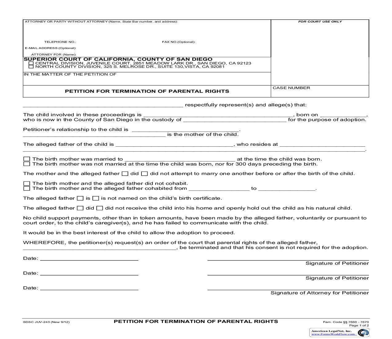 Petition For Termination Of Parental Rights {JUV-243} | Pdf Fpdf Doc Docx | California