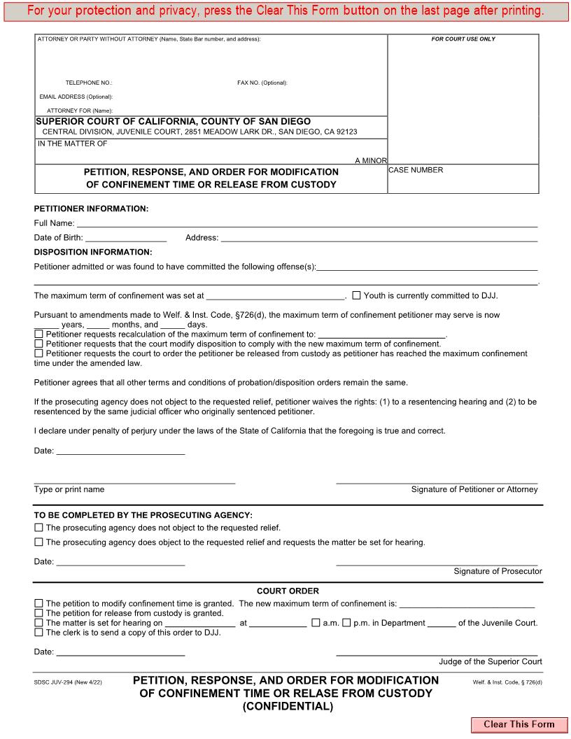 Petition Response And Order For Modification Of Confinement Time Or Release From Custody {JUV-294} | Pdf Fpdf Docx | California