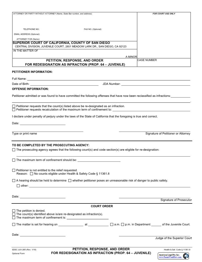 Petition Response And Order For Redesignation As Infraction (Prop.64) {JUV-265} | Pdf Fpdf Docx | California