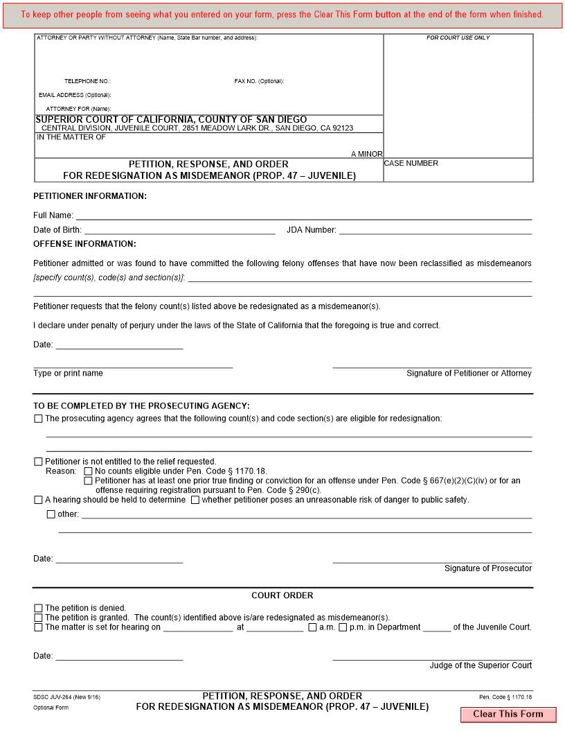 Petition Response And Order For Redesignation As Misdemeanor (Prop. 47-Juvenile) {JUV-264} | Pdf Fpdf Doc Docx | California