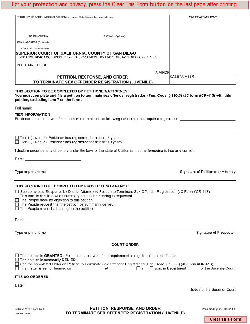 Petition Response And Order To Terminate Sex Offender Registration (Juvenile) {JUV-292} | Pdf Fpdf Docx | California