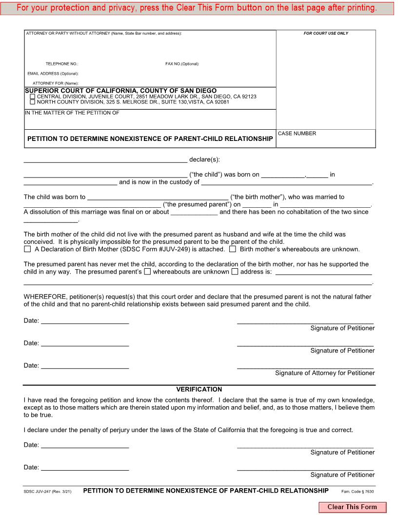 Petition To Determine Nonexistence Of Parent-Child Relationship {JUV-247} | Pdf Fpdf Doc Docx | California