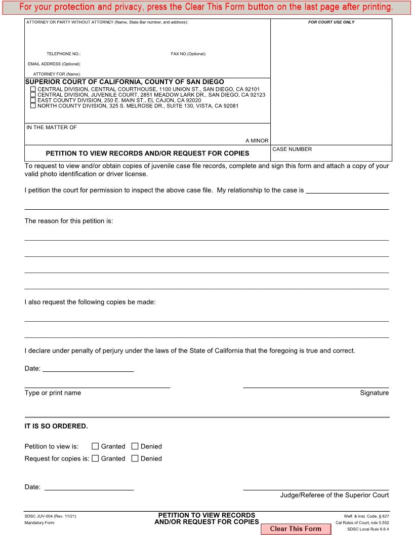 Petition To View Records And-Or Request For Copies {JUV-004} | Pdf Fpdf Docx | California