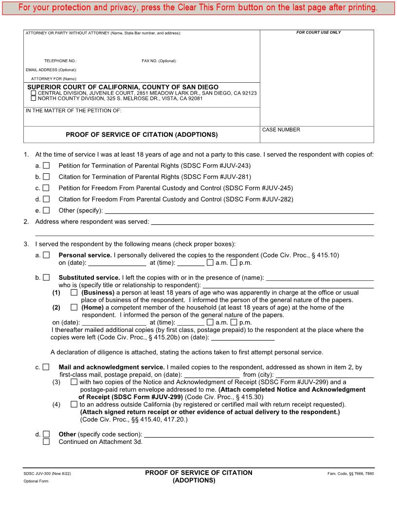 Proof Of Service Of Citation {JUV-300} | Pdf Fpdf Docx | California