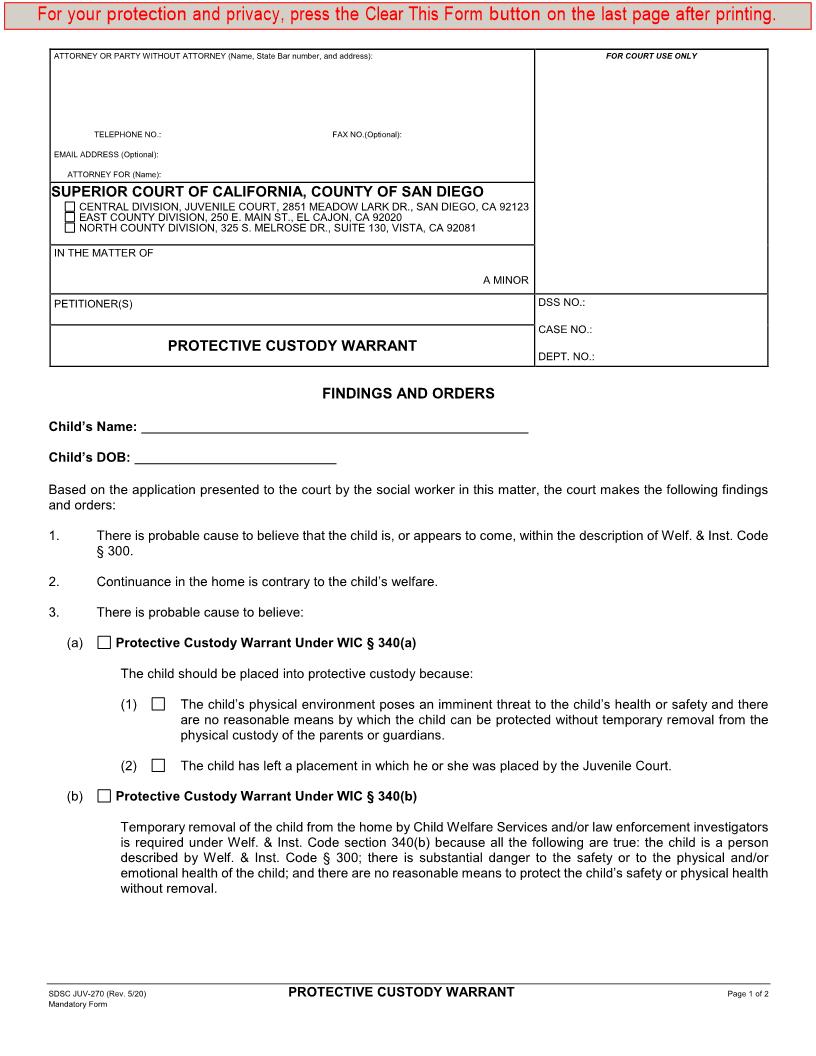 Protective Custody Warrant {JUV-270} | Pdf Fpdf Docx | California