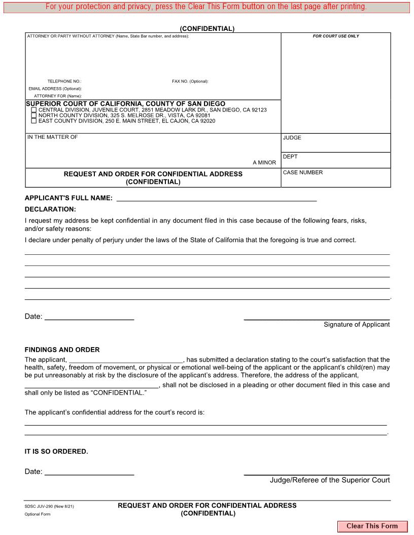 Request And Order For Confidential Address (Confidential) {JUV-290} | Pdf Fpdf Docx | California