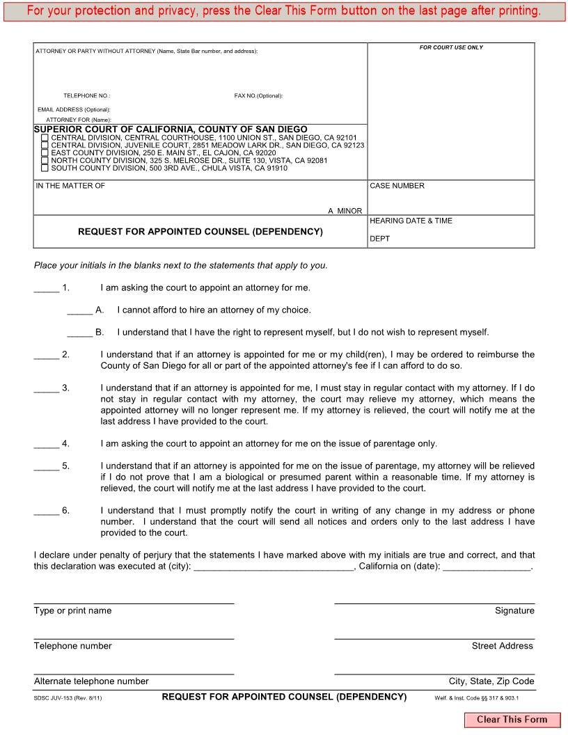 Request For Appointed Counsel (Dependency) {JUV-153} | Pdf Fpdf Docx | California