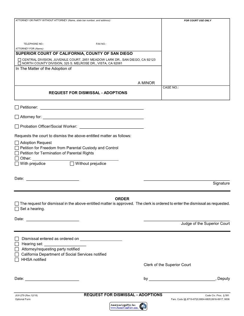 Request For Dismissal-Adoptions {JUV-279} | Pdf Fpdf Docx | California