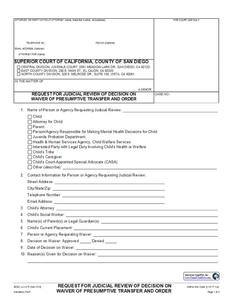 Request For Judicial Review Of Decision On Waiver Of Presumptive Transfer {JUV-273} | Pdf Fpdf Docx | California