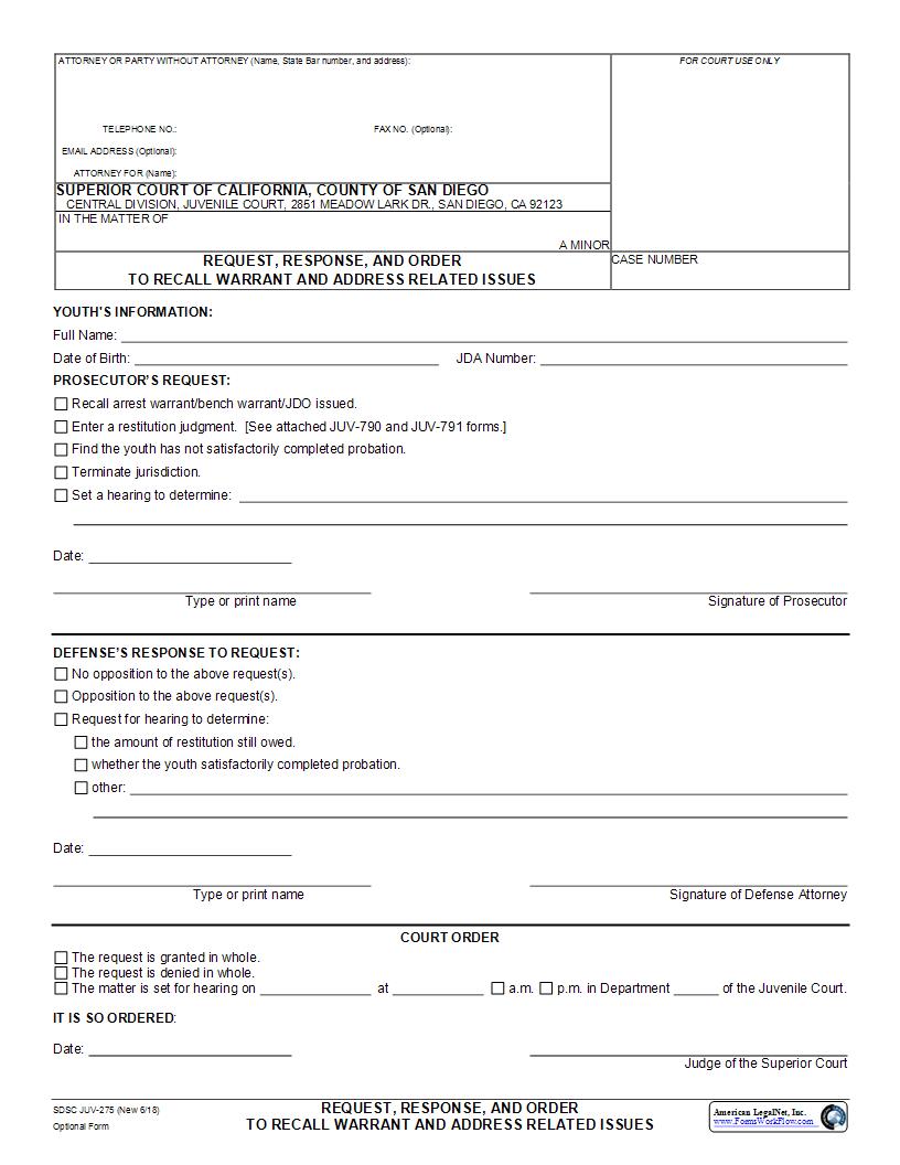 Request Response And Order To Recall Warrant And Address Related Issues {JUV-275} | Pdf Fpdf Docx | California